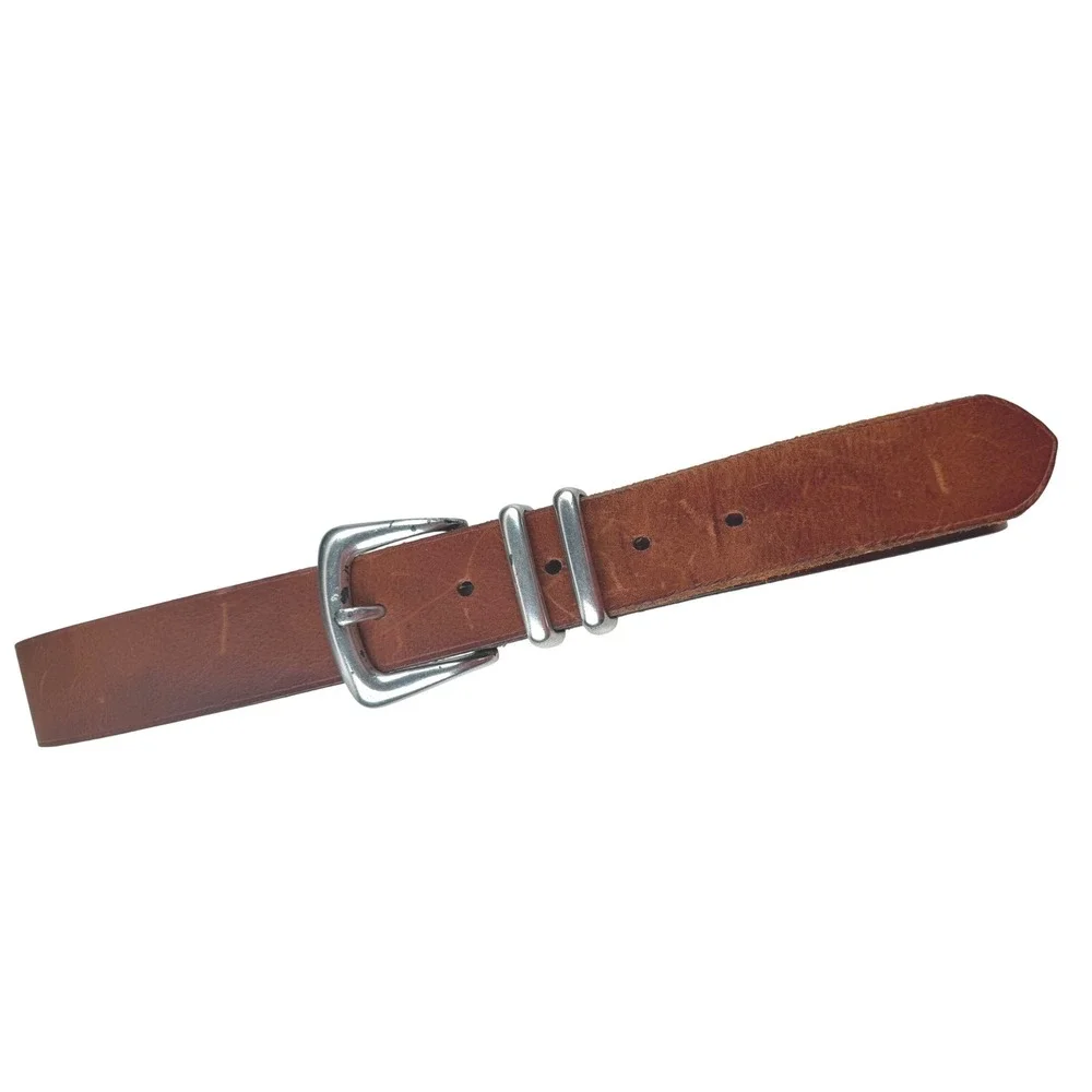 Vintage Italian Leather Belt Made in USA Brown Silver Buckle Size L 6327